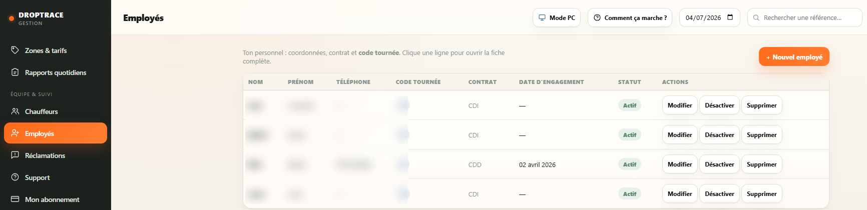 DropTrace manager Employees screen (contact details hidden)