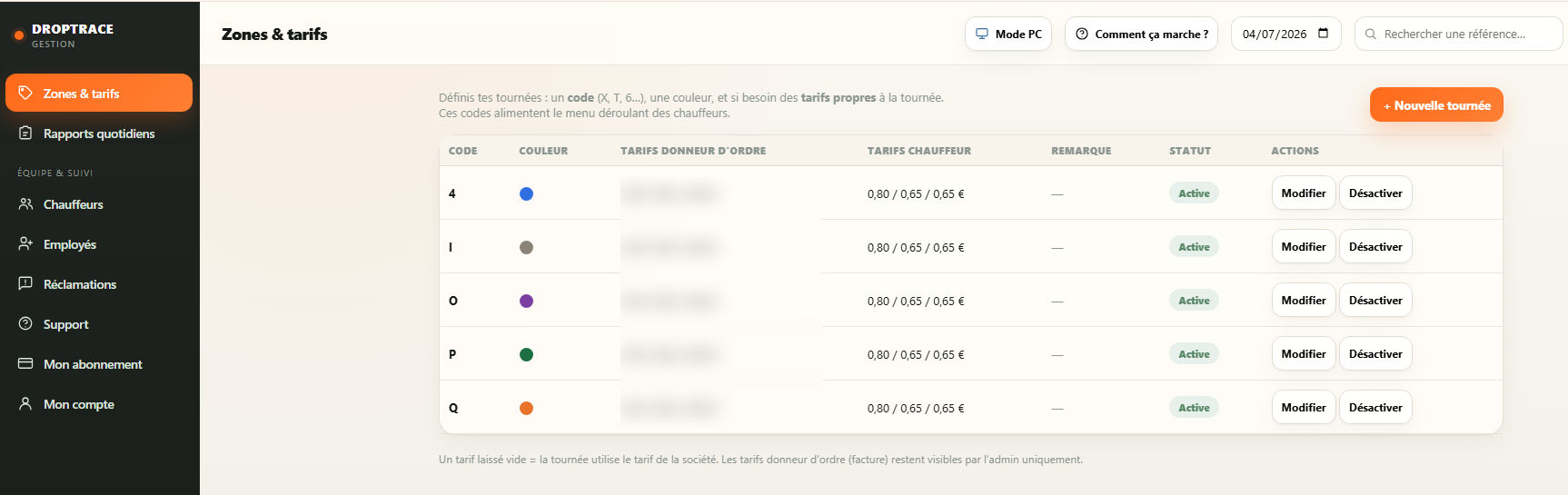 DropTrace manager Zones and rates screen: route creation and rates by code (depot manager rates hidden)