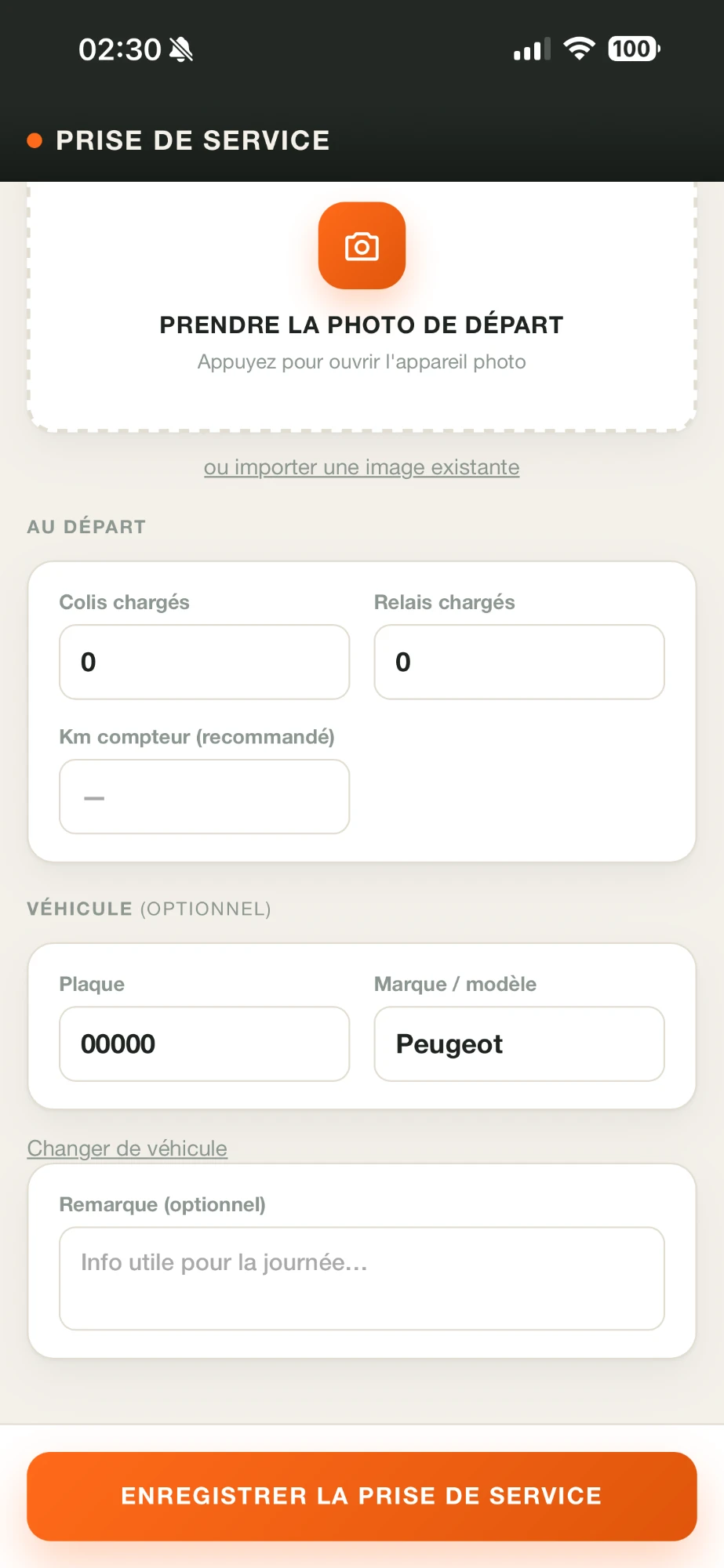 Scherm Dienst starten van de DropTrace chauffeurs-app