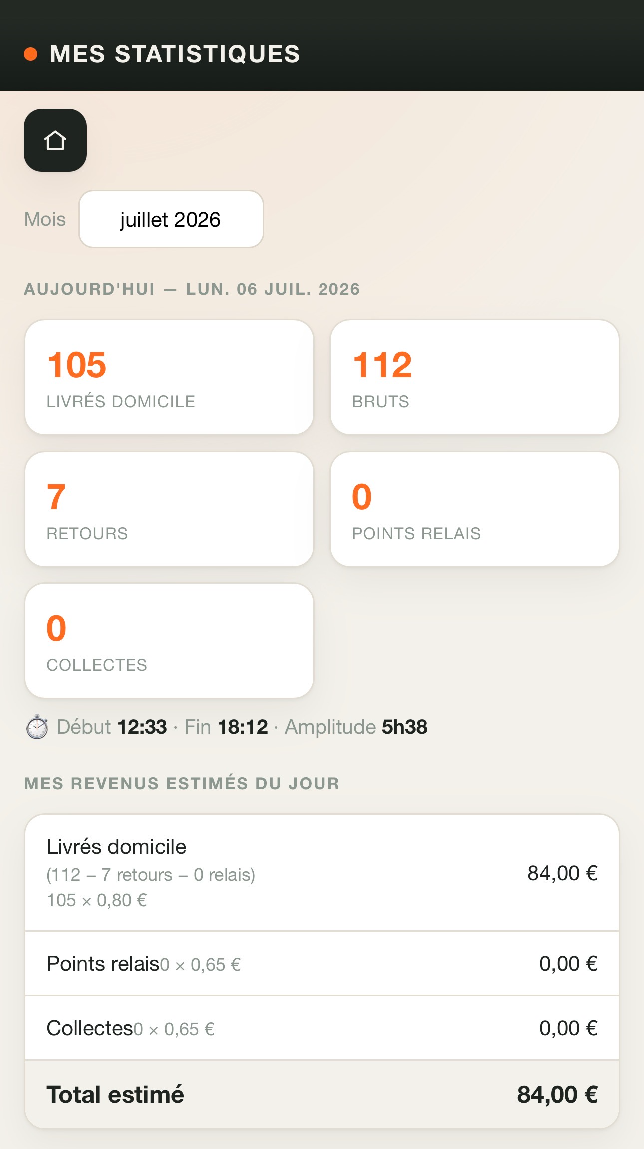 Dagstatistieken in de DropTrace chauffeurs-app