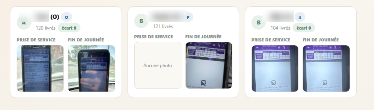 DropTrace depot manager Photos and reports screen: start-of-shift and end-of-day photo per driver (first names hidden)